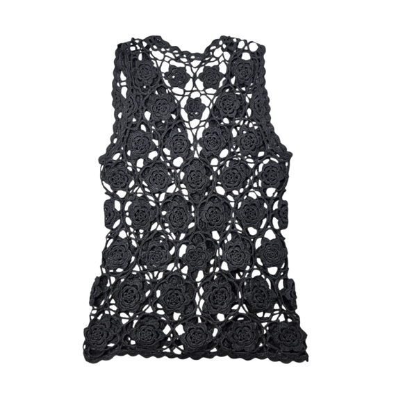 Vintage Crochet Beaded Black Vest Floral Handmade Cotton M L - Picture 2 of 7